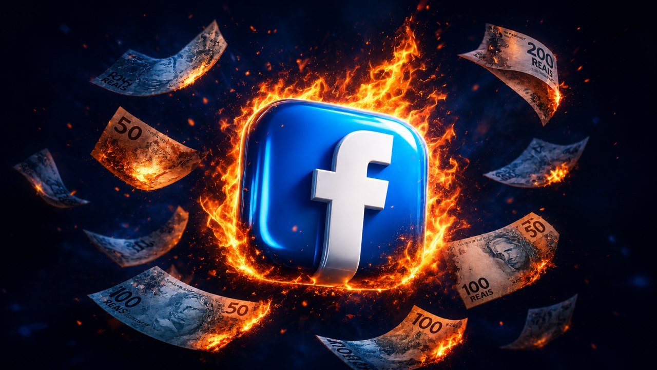 Ícone do Facebook cercado por dinheiro em chamas, representando verba desperdiçada